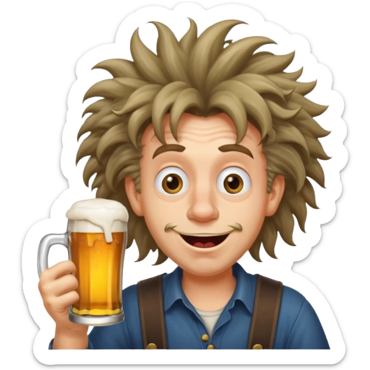 silly man with wild hair holding a beer, exaggerated goofy face, cross eyed sticker