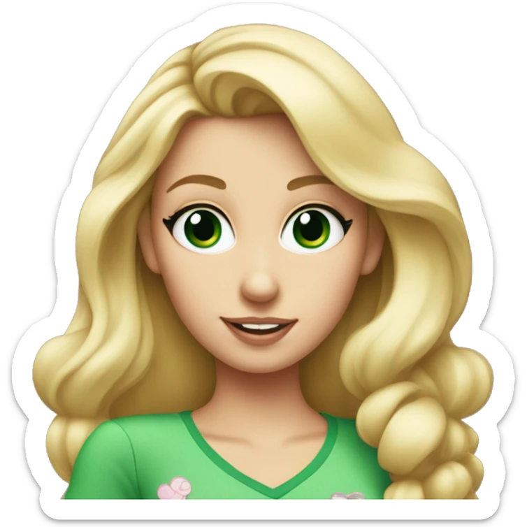 blonde woman with green eyes and cute shirt wearing minnie mouse ears sticker