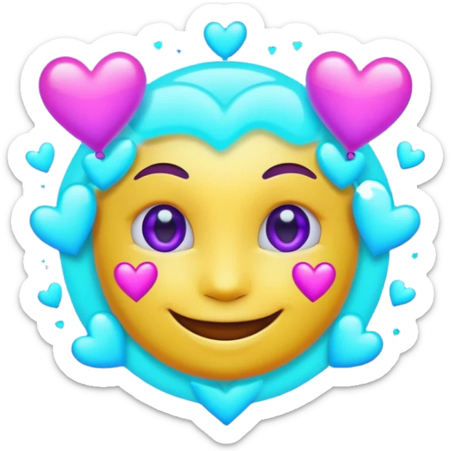 futuristic glowing emoji face smiling with floating neon hearts, purple and cyan holographic light, dark background sticker