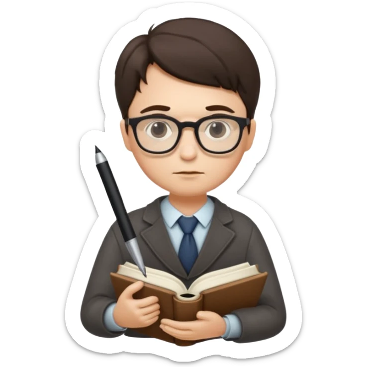 writer holding big pen in hand and closed book in other hand, wearing glasses sticker