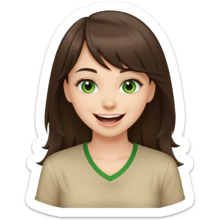Gorgeous brunette girl green eyes, beige shirt, with swoop bangs and long hair having fun, laughing sticker