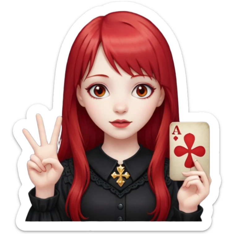 a gothic girl with long red hair and bangs holding a lucky sign sticker