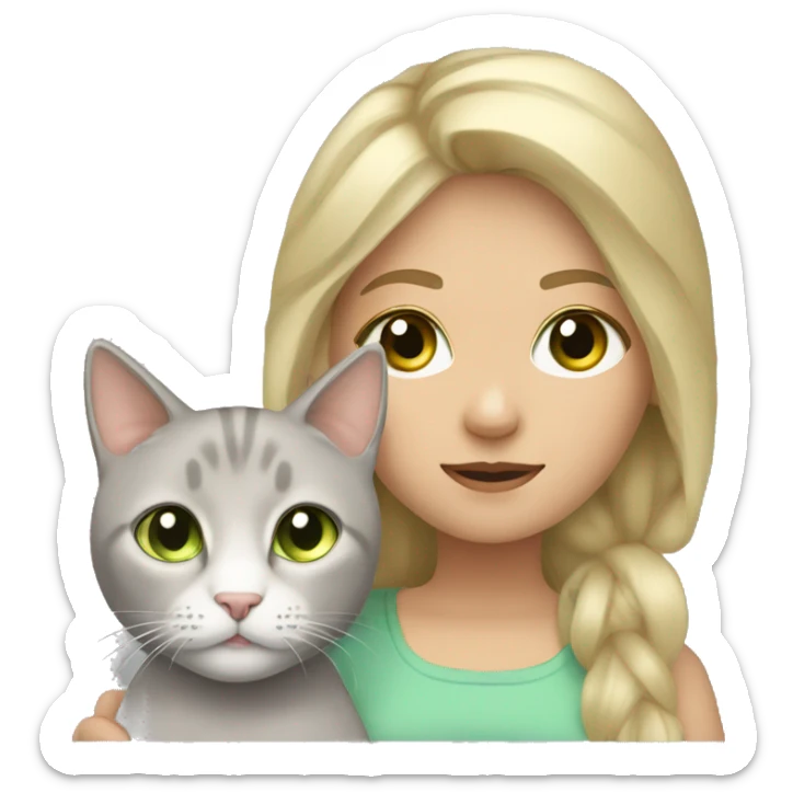 Girl with blonde hair and hazel eyes holding a grey cat with light green eyes sticker