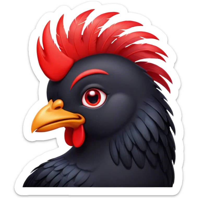 Cinematic Cute Black Chicken Portrait Emoji, Head tilted playfully and inquisitively, featuring sleek, lustrous black feathers and a vibrant red comb, round, sparkling beady eyes filled with curiosity, Simplified yet irresistibly adorable features, highly detailed, glowing with a warm, friendly glow, high shine, affectionate and lively, stylized with a touch of whimsical charm, bright and endearing, soft glowing outline, capturing the essence of a mischievous yet loving chicken, so playful it feels like it could peck out of the screen and into your arms! sticker
