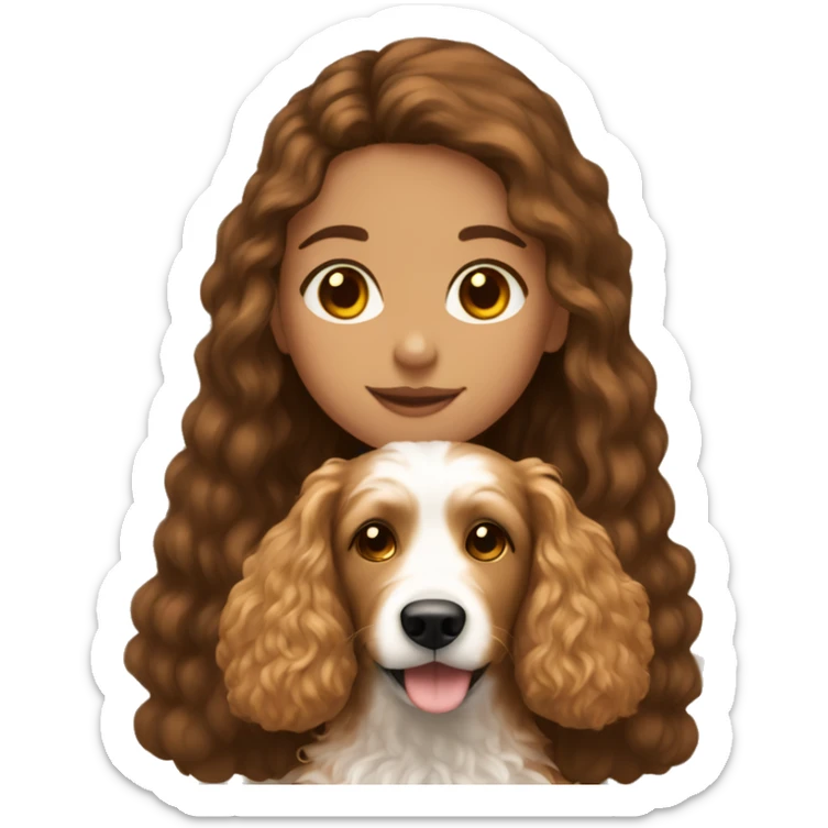 A girl with really long brown hair brown eyes holding a golden doodle dog sticker
