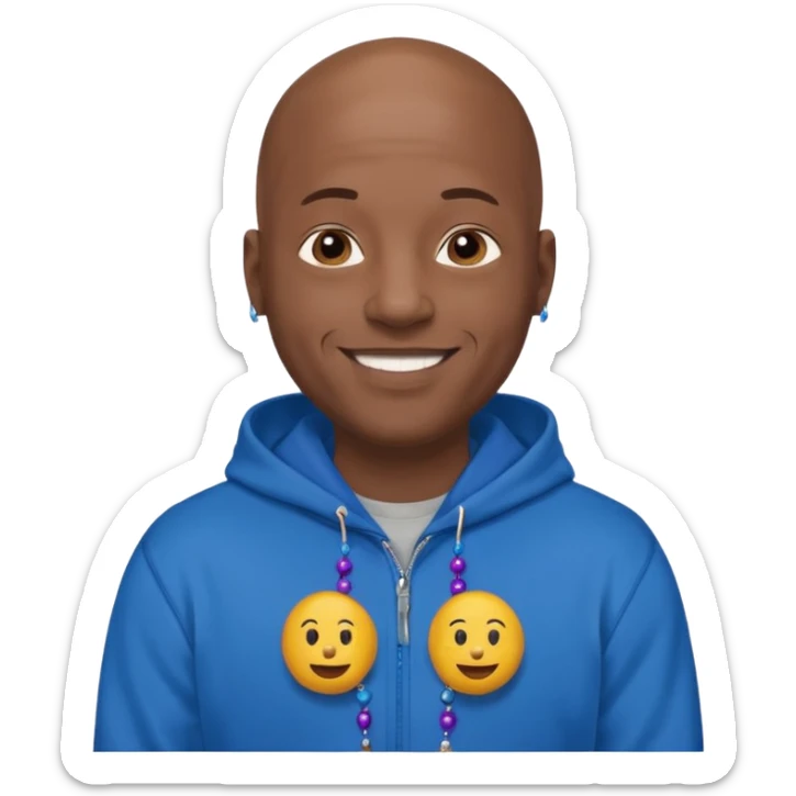 Bald black guy 40 years old with blue hoodie and and bead emoji sticker