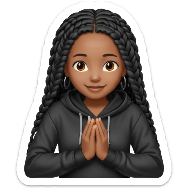 African American dark skin girl with long black box braids wearing a black hoodie with hands folded together sticker