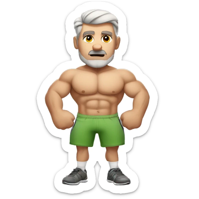 An (emoji) of an Australian dad working out, showcasing a muscular build and determined facial expression, emphasizing the "dad" aspect with classic Aussie style shorts and a tank top. sticker