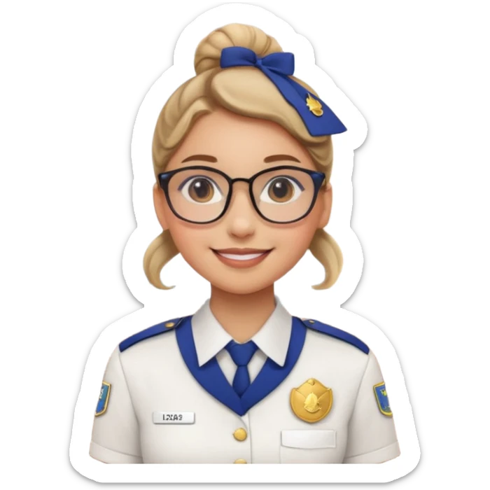 Reception Young girl, bun hair, wearing uniform of reception with hotel name badge, glasses, stand behind the desk

 sticker