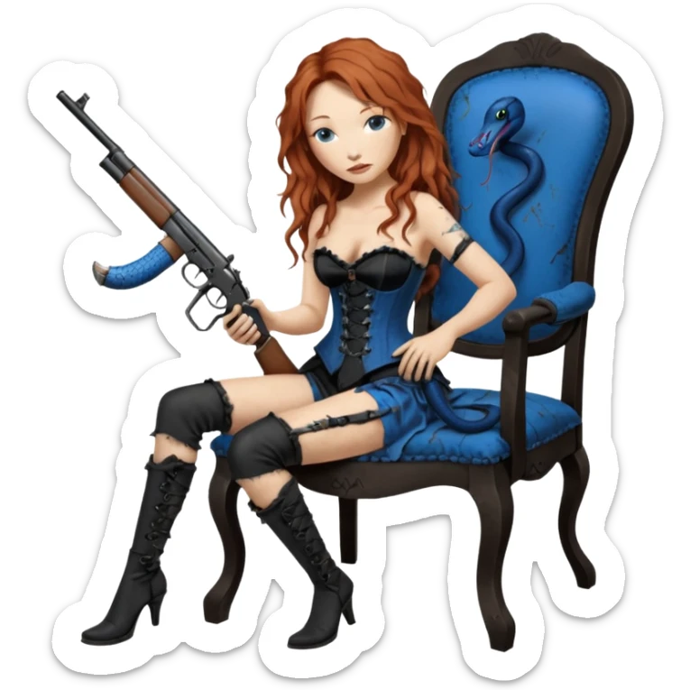 realistic cinematic Tori Amos sits on a rocking chair in a torn corset, holding an antique rifle and her bare feet are muddy. A blue snake is wrapped around the chair. sticker