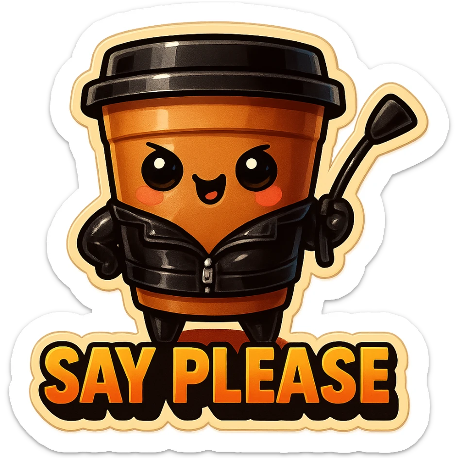 Tall coffee cup, dressed in leather holding a whipping crop, mischevious, "big "Say Please" sticker