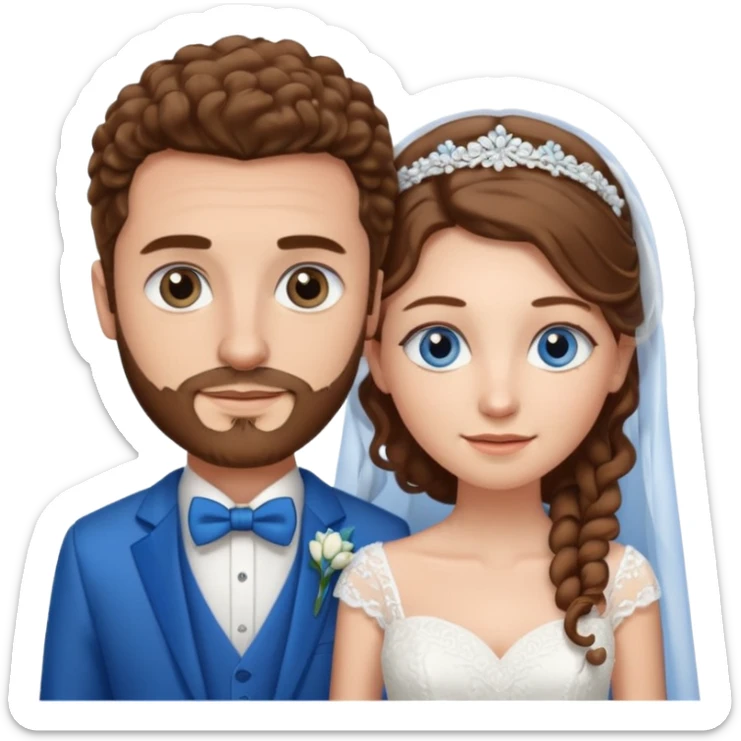 wedding couple, woman has long straight brown hair and blue eyes, man has short light brown curly hair and facial hair with blue eyes sticker