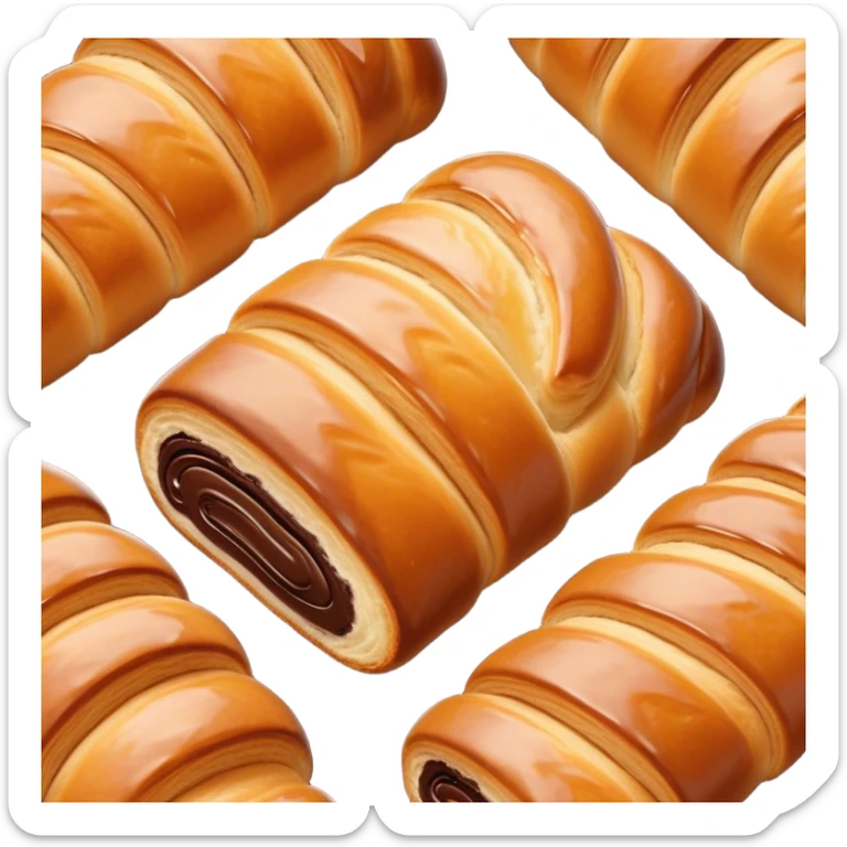 Cinematic warm pain au chocolat, flaky golden-brown pastry with a rich chocolate filling peeking through, perfectly crisp exterior, soft glowing highlights, inviting and indulgent. sticker