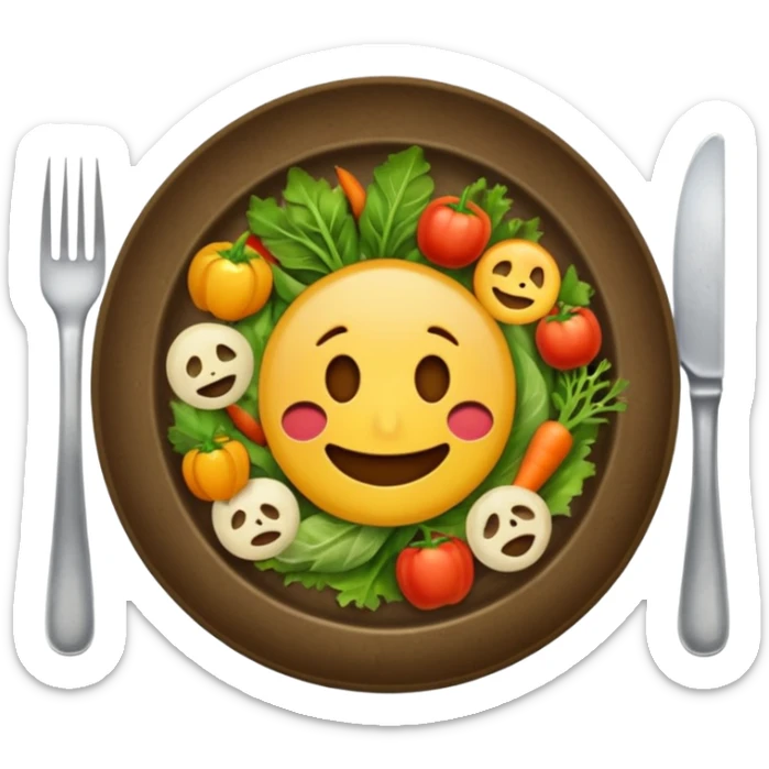 dirty plate after eating, food scraps and vegetable leftovers, no face, emoji style sticker