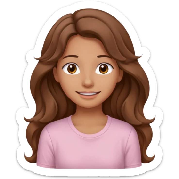 A pretty girl with tan skin and long brown wavy hair, wearing a very light pink basic shirt with brown eyes and a closed mouth smile sticker