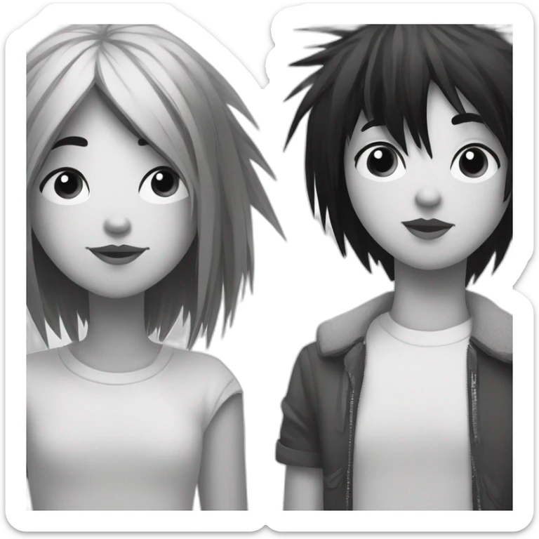 a dog and a dark-haired girl with spiky hair looking at each other in style of ((sarah andersen)), black and white sticker