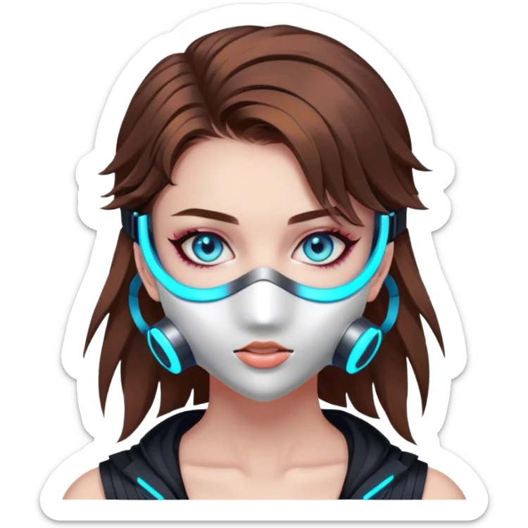 neon cyberpunk style 
girl with brown hair and blue eyes wearing a mask sticker