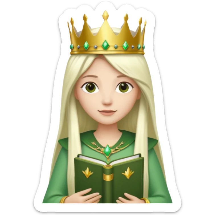 Long Hair Women with green Book, White straight hair, crown

 sticker