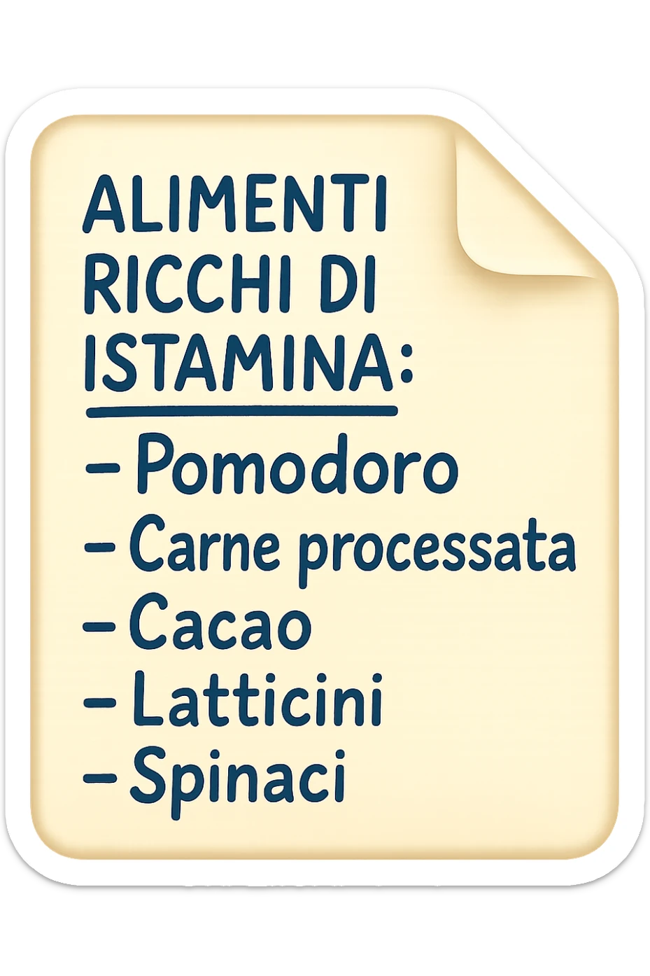 emoji di un foglio di carta con lista di alimenti ricchi di istamina scritti a penna:
ALIMENTI RICCHI DI ISTAMINA:
- Pomodoro
- Carne processata
- Cacao
- Latticini
- Spinaci sticker