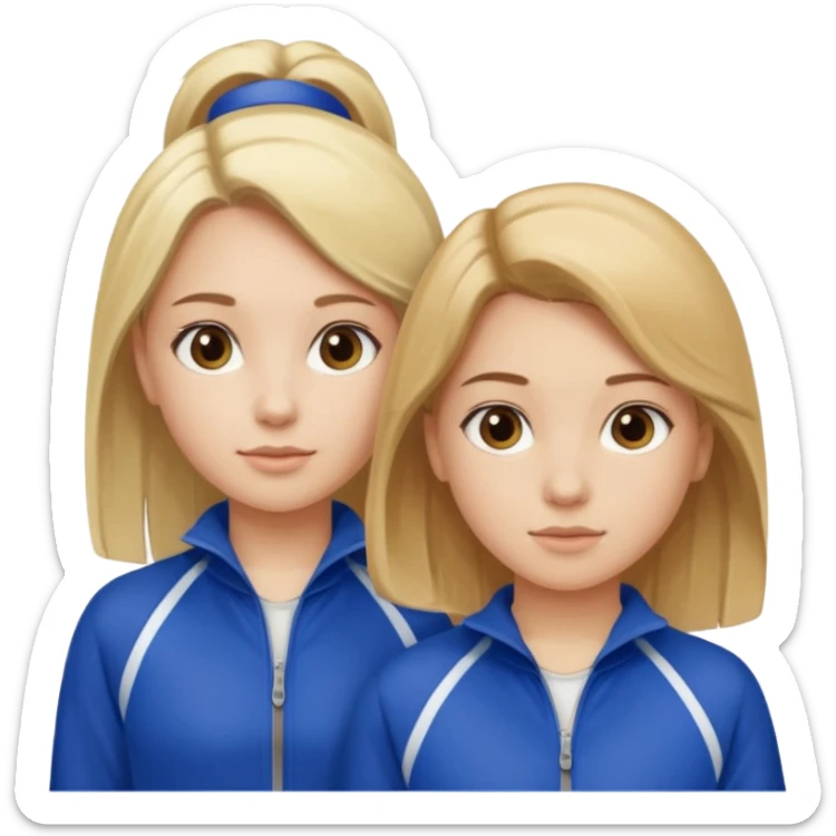 two girls dancing one has blond hair and one is has brown hair they are wearing royal blue track suits sticker