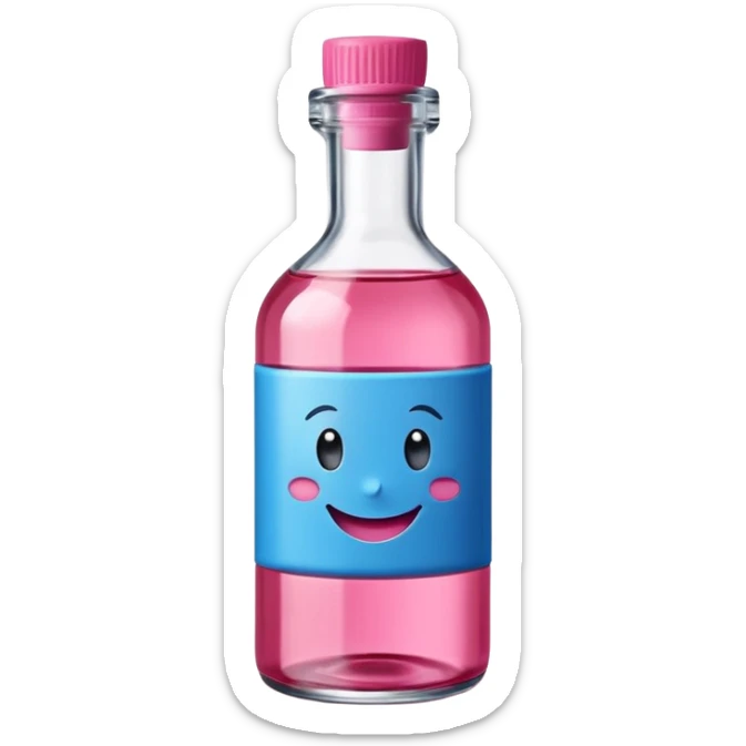 Smiling bottle of oil blue top pink outside with logo that says berry oil sticker