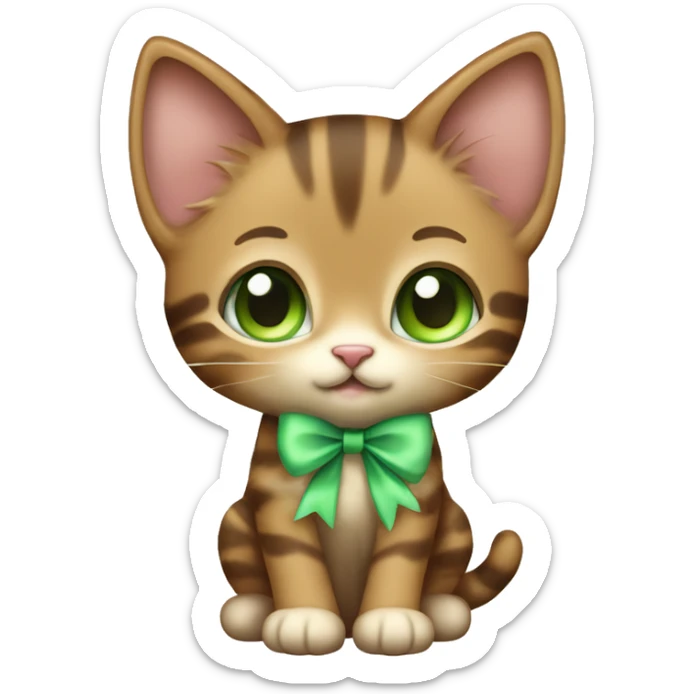 extremely cute kawaii brown tabby girl kitten with green eyes and pastel green bow full body sticker