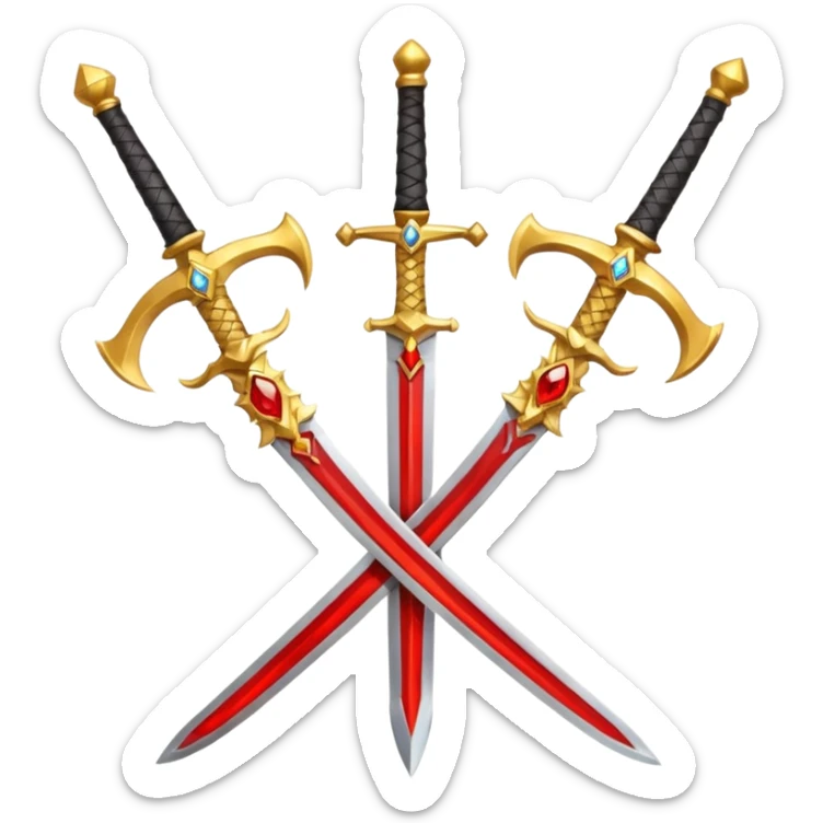 Two crossed swords that are golden in blade and handle and have fiery and royal appearence to them as well as red gem stones yellow in color sticker