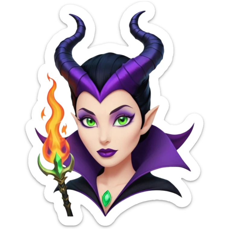 Poster-style sticker, pastel red background. In the center: Maleficent cartoon-style character with fiery aura. On top: ARIES in bold. Below in cursive: ‘The Fire Queen’. At the bottom: ‘Brave, fierce, always leading.’ ✨🔥👑 sticker