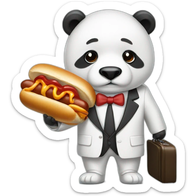 A professor with white suit and red tie and a panda face eating a hotdog and holding a black suitcase sticker