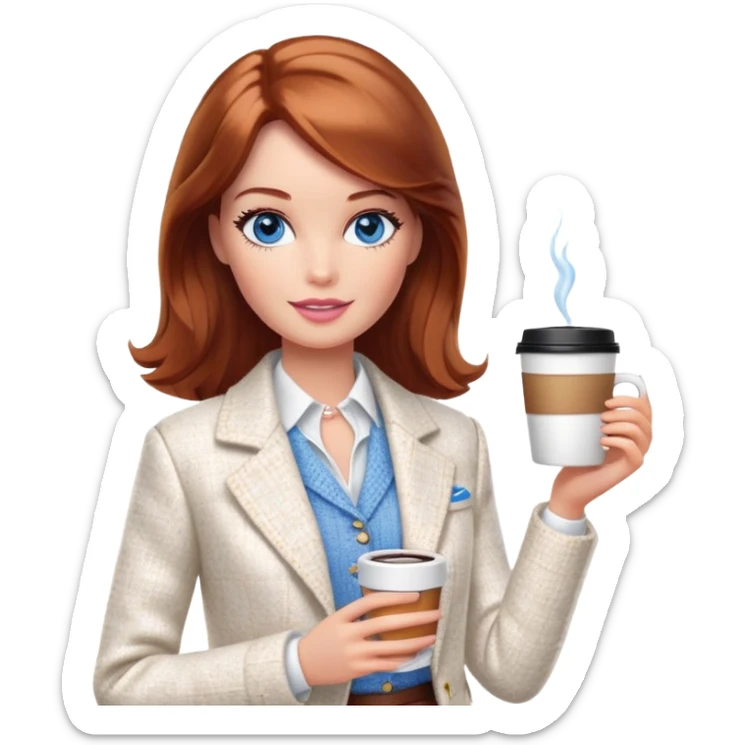 A Barbie girl with blue eyes, shoulder-length reddish-brown hair, made-up, wearing a white tweed jacket and a white skirt, with a glass of coffee in her hands sticker