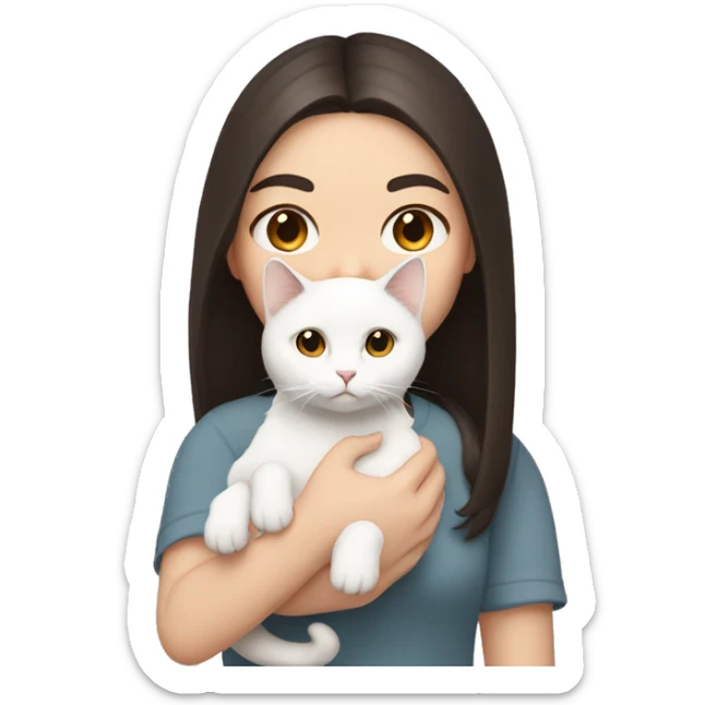 A pale girl with dark brown hair and dark brown eyes holds a white cat in her hands sticker