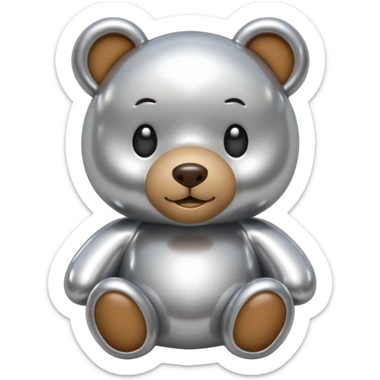 A cute teddy bear emoji made of liquid silver chrome, smooth rounded body, glossy metallic surface, soft reflections, friendly proportions, iOS emoji style, centered, clean white background sticker