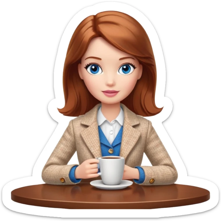 A Barbie girl with blue eyes, shoulder-length reddish-brown hair, made-up, wearing a white tweed jacket and a beige skirt, is sitting at a table with a cup of coffee in her hands sticker