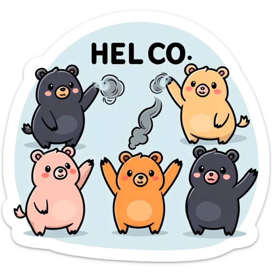 Create a pack of 9 hybrid bear pigs. Black fur, tan accents  blowing smoke, saying hello, in a dense fog, various other things.  sticker