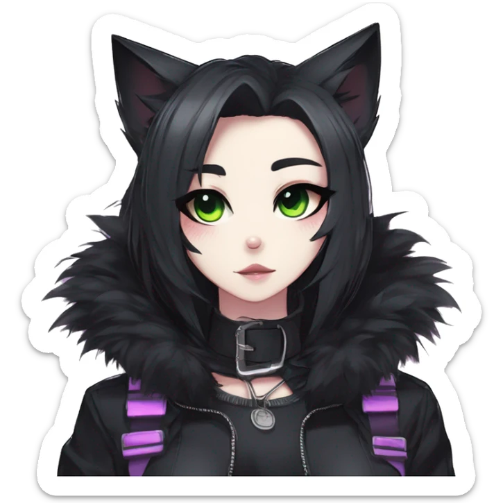 Gorgeous furry gothic dark techwear anime style anthro black cat furry sona Fakemon with blushing face aesthetic and pretty edgy black with collar and harness trending style sticker