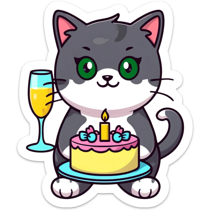 tricolor fluffy cat with big green eyes celebrating her birthday with a cake and champagne sticker