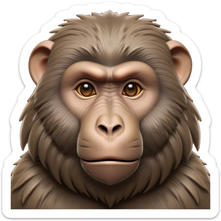 Cinematic Noble Baboon Portrait Emoji, Poised and regal, with a robust, muscular build and a richly textured Fur of earthy browns, deep-set soulful eyes with a mischievous glint, Simplified yet sharp and sophisticated features, highly detailed, glowing with a warm, dignified glow, high shine, intelligent and bold, stylized with an air of untamed urban majesty, focused and attentive, soft glowing outline, capturing the essence of a watchful and confident primate, so majestic it feels as though it could stride out of the screen with effortless authority! sticker