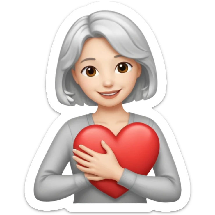 Silver hair, wavy/curly hair chin-length lady giving hug with 2 arms,  v-neck and smiling, add a heart sticker