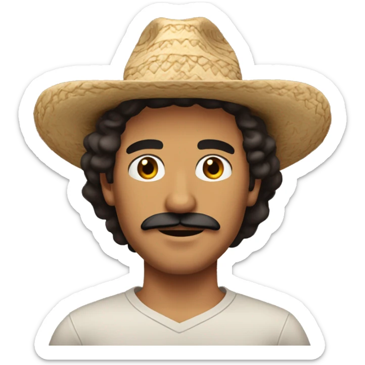 tan mexican man with dark brown shoulder length wavy hair and a dark brown mustache and a hat with dark eyes sticker