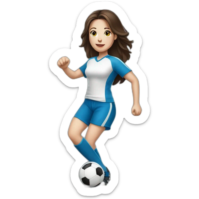 White skin brunette female playing football with very small ball sticker