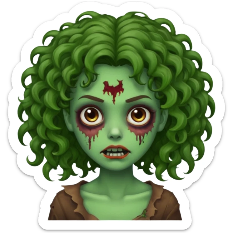 Faça uma garota zombie de cabelo cacheado castanho, olhos castanhos escuro e pele verde d zombie, com o cabelo grande sticker