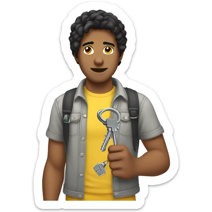 a man with black hair in yellow t-shirt with keys in a hand sticker