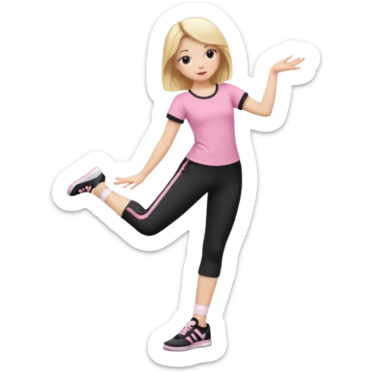 Hiphop dancer, with cute big pants, sneakers, and t-shirt. White girl blond. Coloufull shirt. No pocket pants. Dancing. Pink and black plain outfit. No sweatbands on the wrist, black music box behind her. Ballerina pose. The third on is amazing. With nothing on the shirt sticker