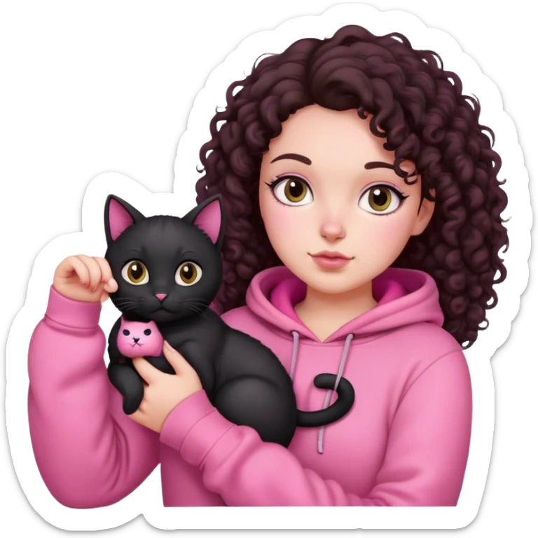white skin curvy girl with dark brown curly hair in pink hoodie with black cat on her hand sticker