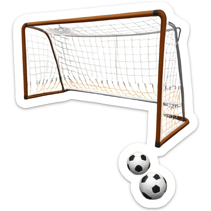 A close-up of footballs and a goal on a covered indoor futsal court with a wooden floor. The scene highlights the details of the balls and goalposts, with the smooth, polished court surface creating a clean and focused atmosphere for the game. sticker