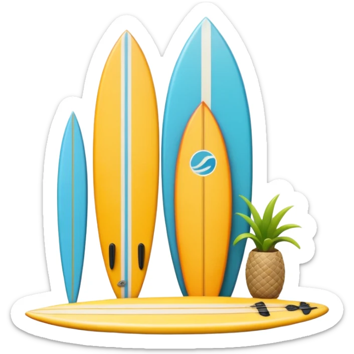 3D emoji style icon of a surf shop with surfboards, fins, and accessories on display sticker