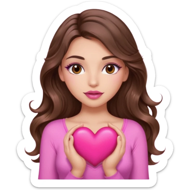 girl with long wavy brown hair, brown eyes, long lashes makeup, sexy pink lips, light to medium complexion, wearing a pink sexy top, squeezing a big heart sticker