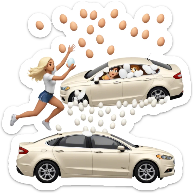 Crimal throwing massive amount of eggs at girl in white ford fusion sticker