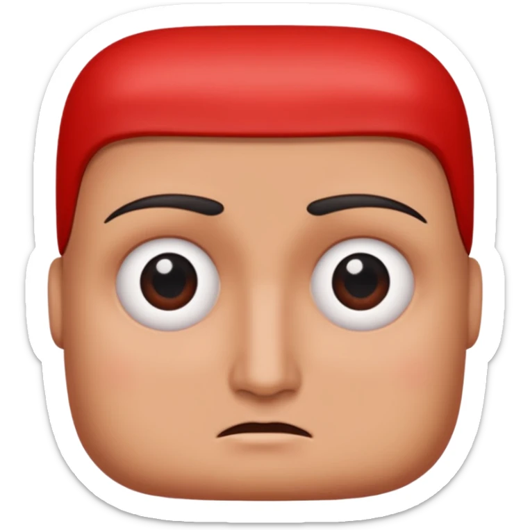 Una figura roja con cabeza cuadrada y cuerpo de rectángulos con cara con dos ojos negros como puntos y cejas preocupadas sin boca y que tenga como una especie de polvo café en la cabeza sticker