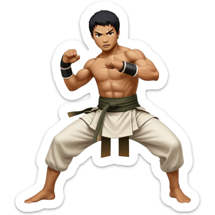 Tony Jaa – Cinematic Realistic Portrait of Tony Jaa, depicted as a dynamic martial arts warrior with intense eyes and a powerful stance in traditional Thai fighting attire, rendered in mid-motion with dramatic lighting and high-detail textures that capture his raw physicality and grace. sticker